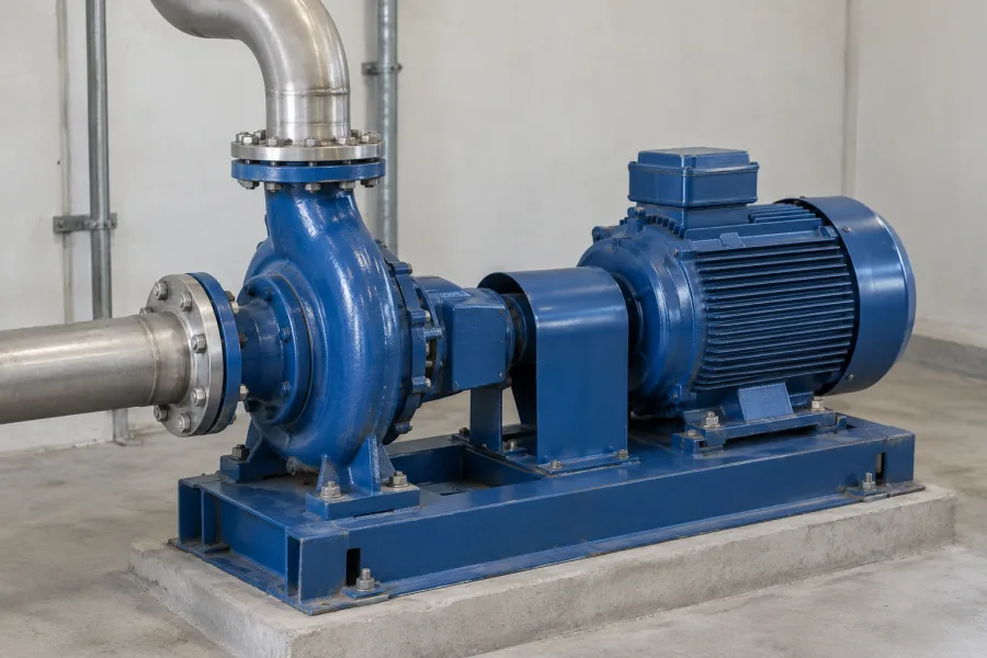 AI-generated example of a blue pump connected to a ribbed electric motor and metal pipes on a steel base.